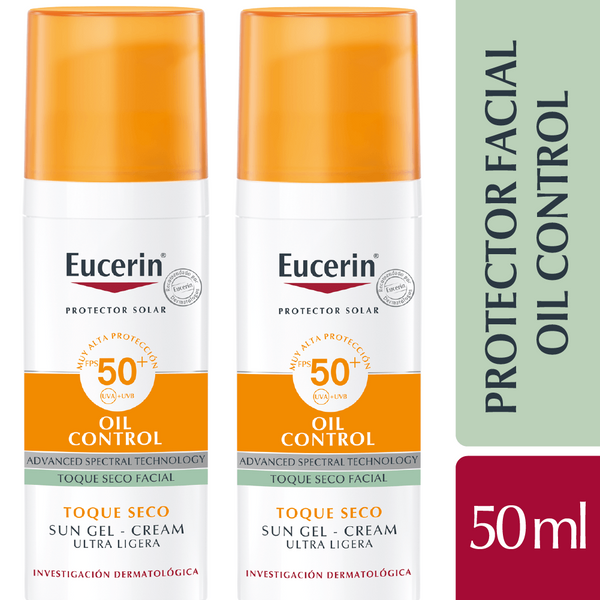 Eucerin Oil Control Sun Gel Dry Touch Sunscreen FPS 50 (2x50ml) - UVA/UVB Filters, Glyceretinic Acid, Licochalcona A, Non-Greasy, Non-Comedogenic