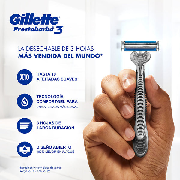 Gillette Prestobarba3 Disposable Shavers (2 Units): Comfortgel Technology, 3 Blades, Moving Head, Lubricant & More