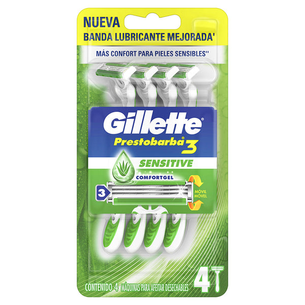 Gillette Prestobarba3 Sensitive Disposable Shavers (4 Units) | Non-Slip Rubber Handle | Comfortgel Technology | Up to 10 Soft Shaves